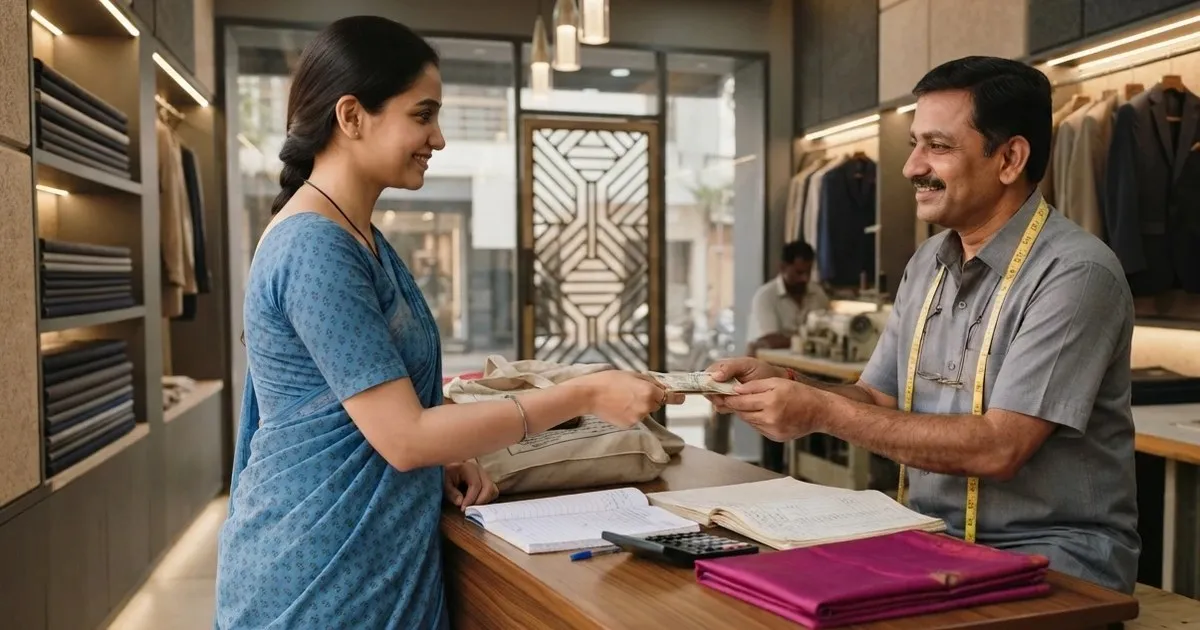 Tailor shop owner showing a young assistant a garment pattern on a tablet at the cutting table