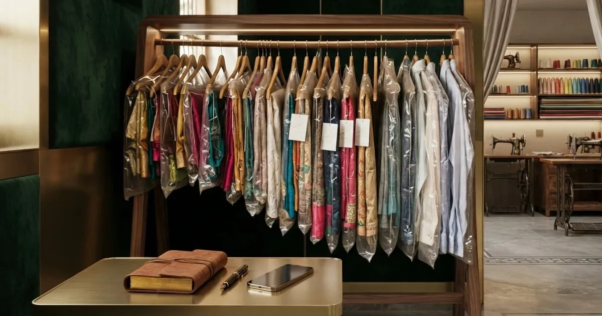 Paper blouse pattern pieces, an open record book and tailor's chalk laid out on a cutting table