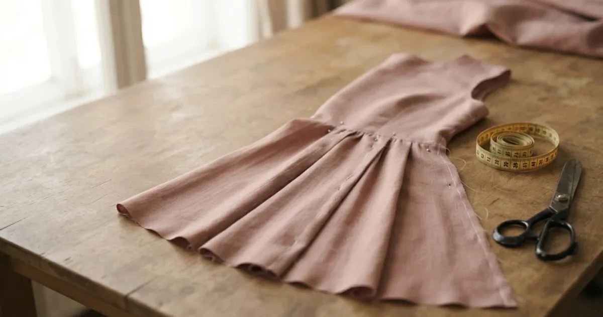 A fitted Anarkali bodice yoke pinned to gathered flared skirt panels on a wooden cutting table, with a measuring tape and tailoring scissors beside it