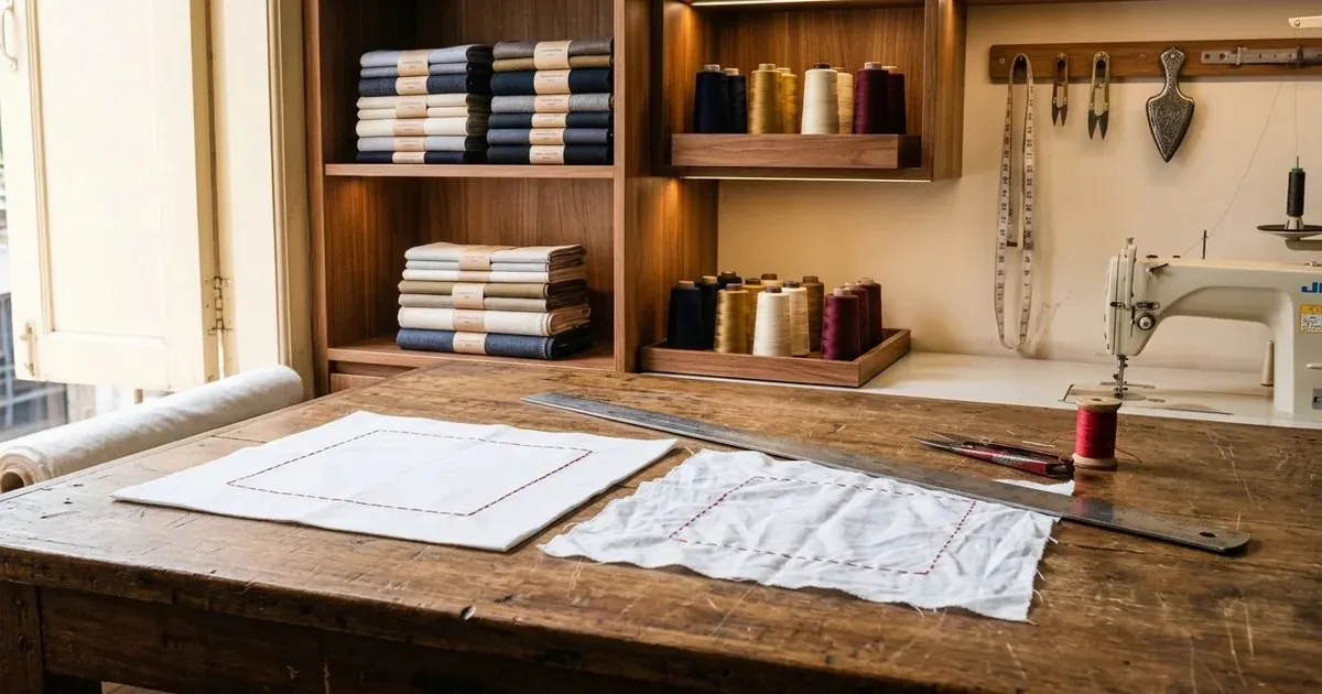 A strip of navy cloth being drawn through a brass bias tape maker to make double-fold bias binding