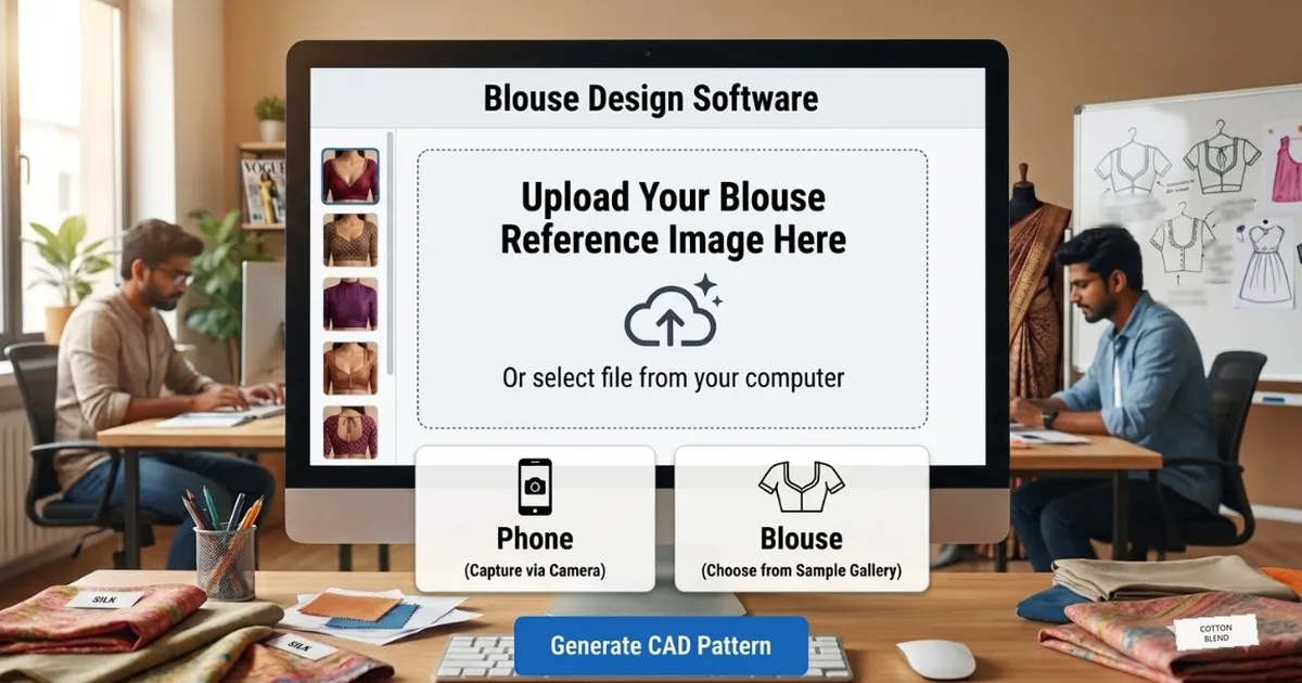 Blouse design software open on a boutique computer with a reference image screen and blouse models beside it