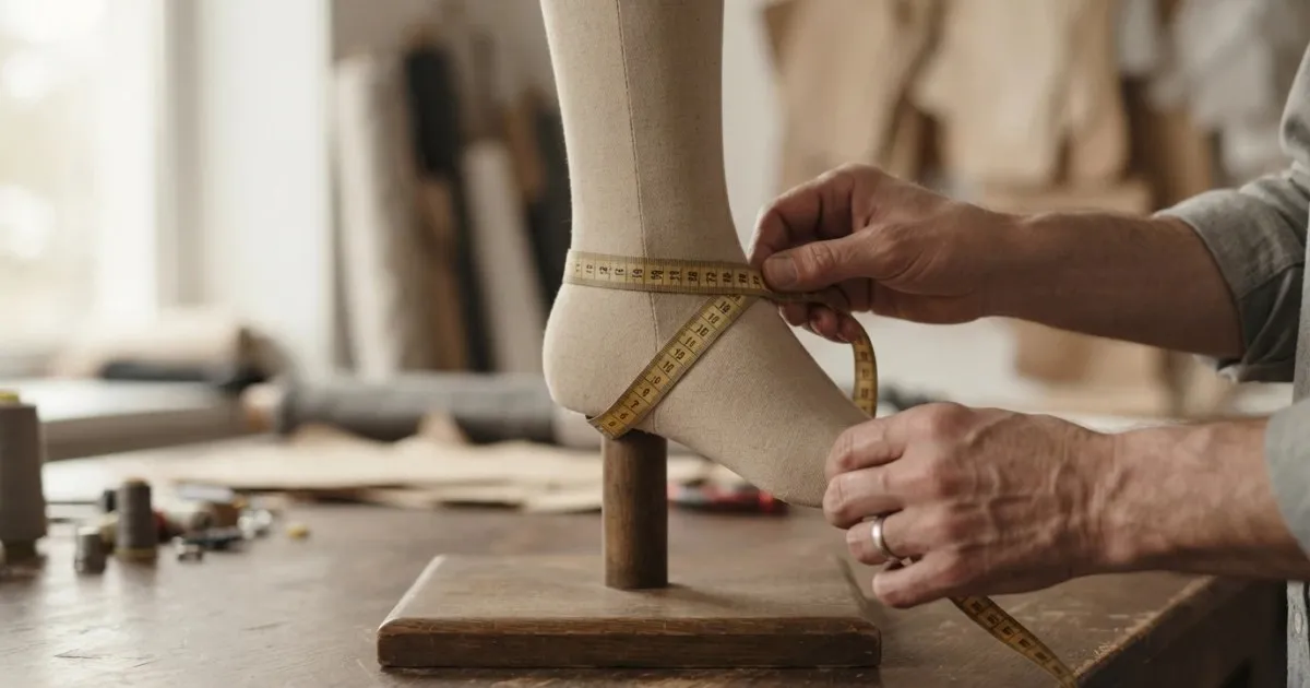 Tailor measuring the ankle of a dress form with a tape passing diagonally over the instep and around the heel, the correct way to take a churidar ankle measurement