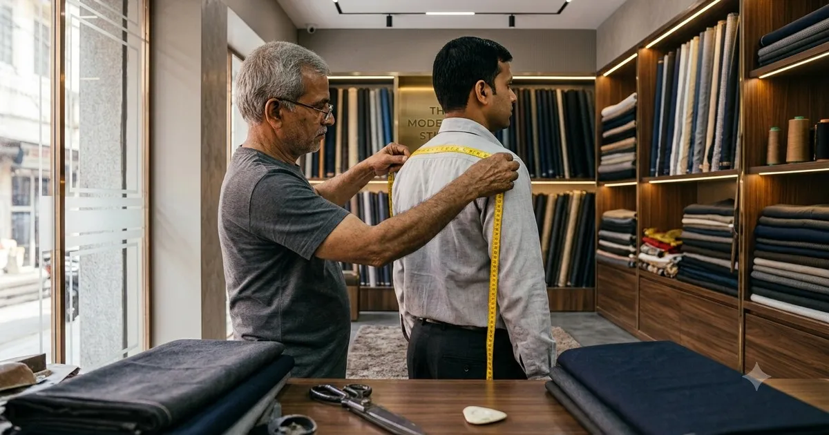 Tailor measuring a customer across the shoulders for a coat with suiting fabric on the cutting table