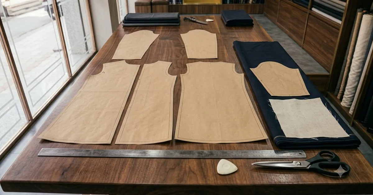 Coat pattern pieces and canvas laid out on a tailoring cutting table with chalk and shears