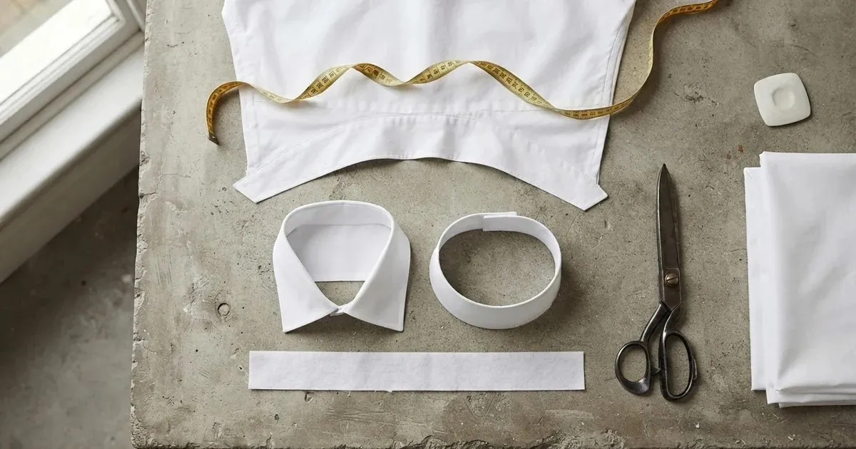 Shirt collar leaf, collar stand and interlining laid flat on a cutting table beside a neckline with a measuring tape along the curve