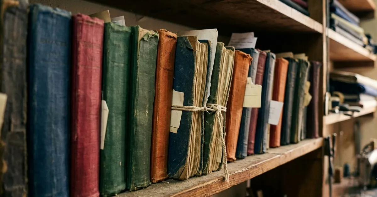 Shelf of old worn measurement registers stacked in the back of a tailoring shop