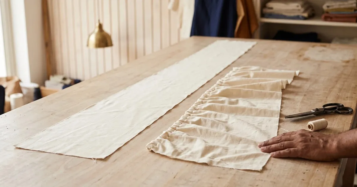A flat strip of cloth beside the same cloth gathered to half its length