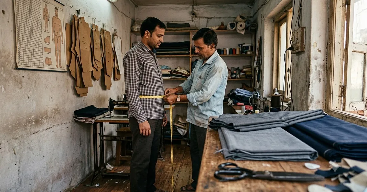 Tailor measuring a customer for gents pant cutting with the measurement chart on the shop wall