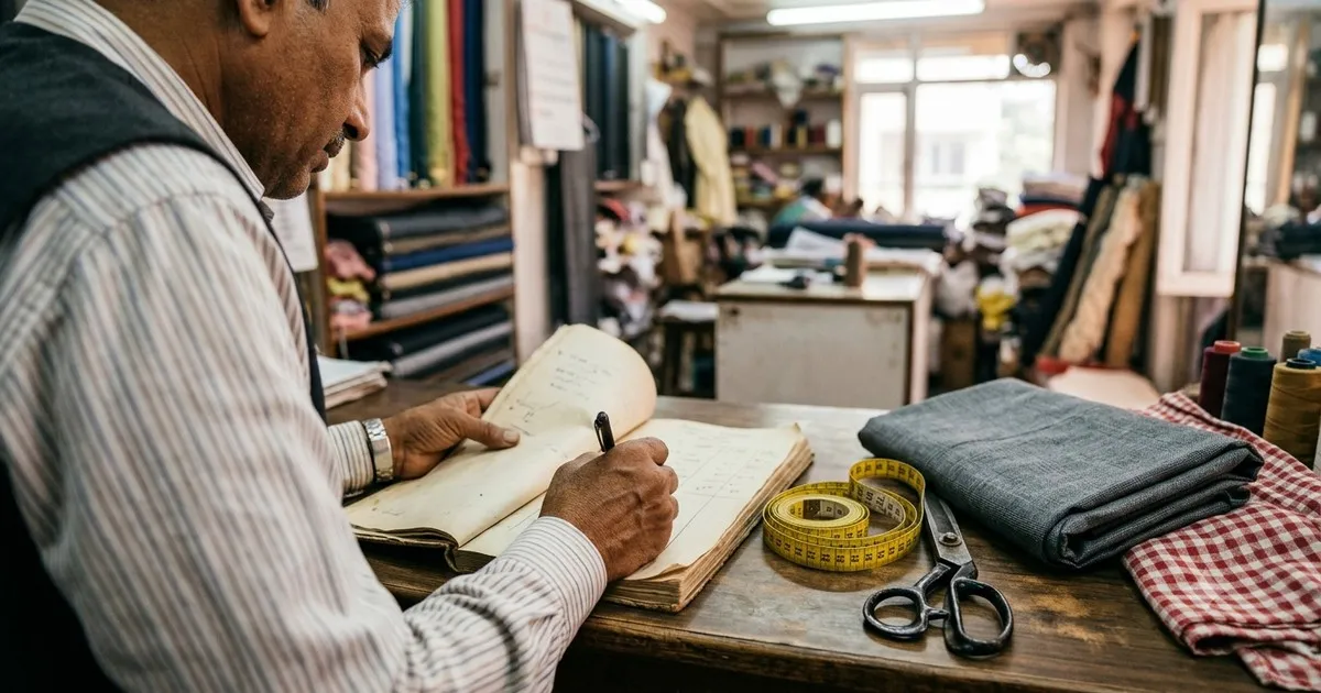 Tailor writing the nine gents pant measurements into the order book before cutting the cloth