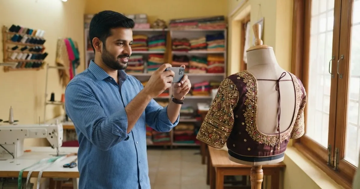 Tailor photographing a finished blouse on a dress form for the shop's Google profile