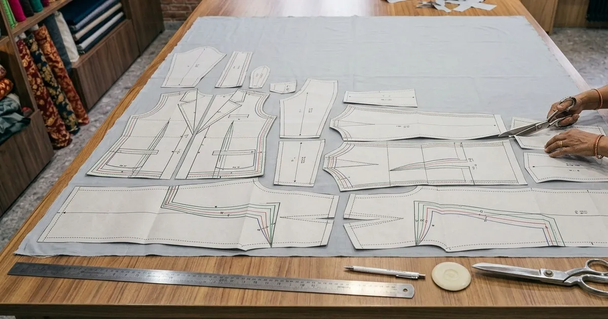 Paper pattern pieces nested tightly on a layer of fabric to reduce wastage on a tailoring cutting table
