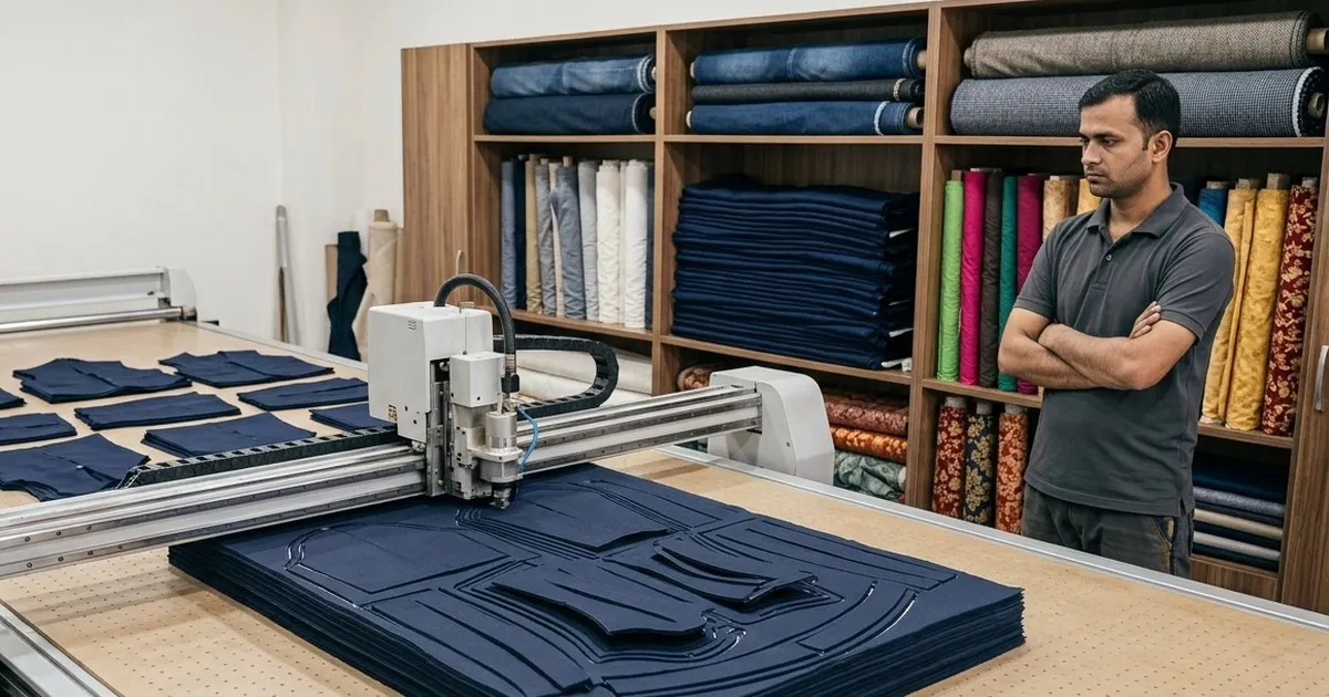 Automatic fabric cutting machine cutting garment shapes through a stack of layered fabric