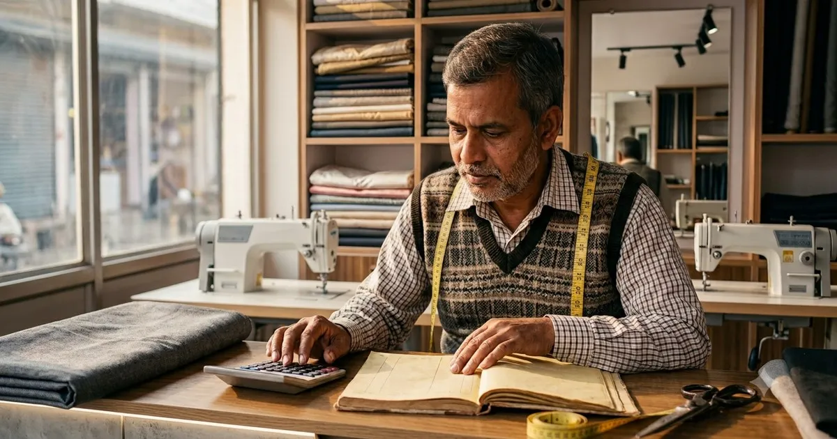 Tailor at the shop counter working out stitching charges with an order book, calculator and fabric