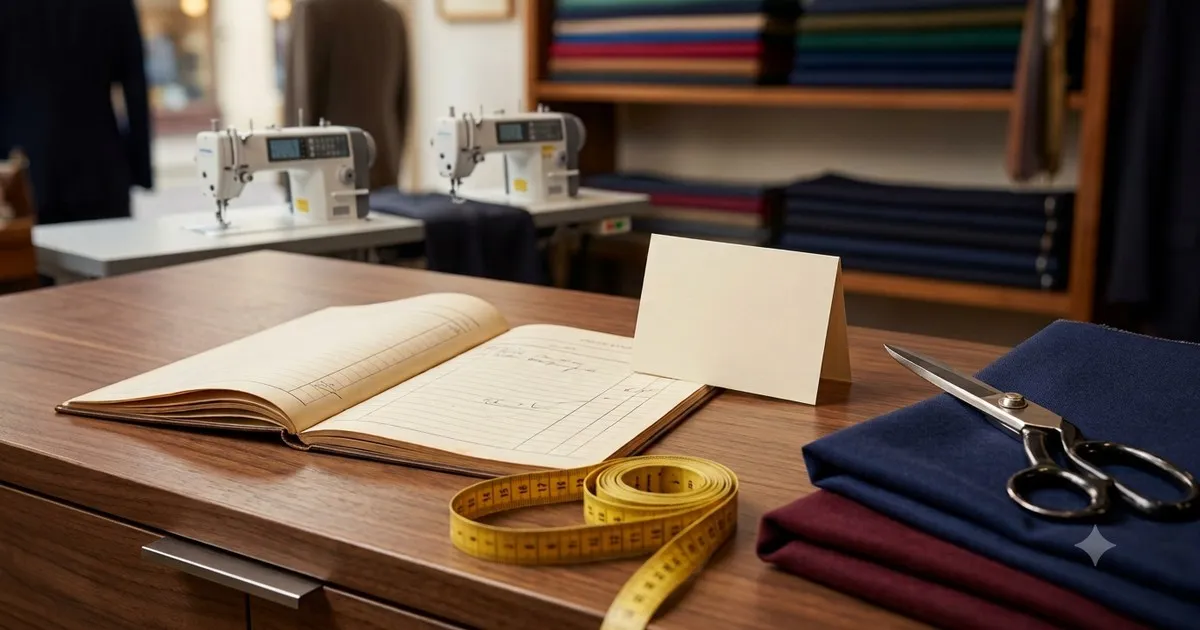 Tailor shop order book and rate card on the counter beside folded fabric and a measuring tape