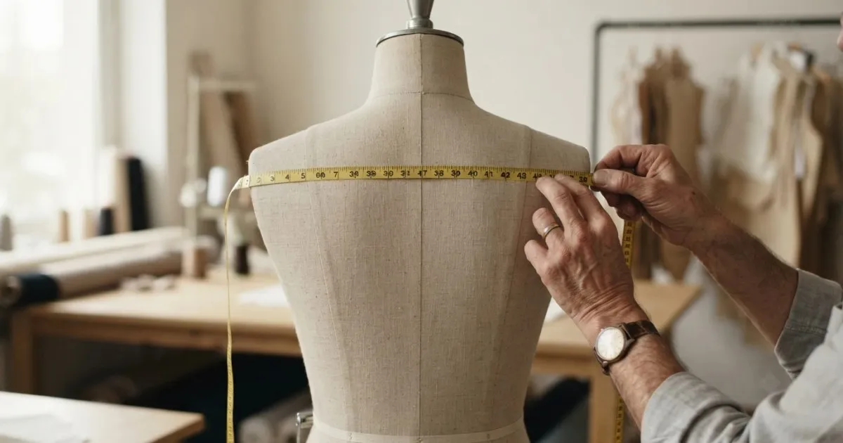 A tailor measuring shoulder point to shoulder point across the back of a dress form with a yellow measuring tape held level, in a workshop