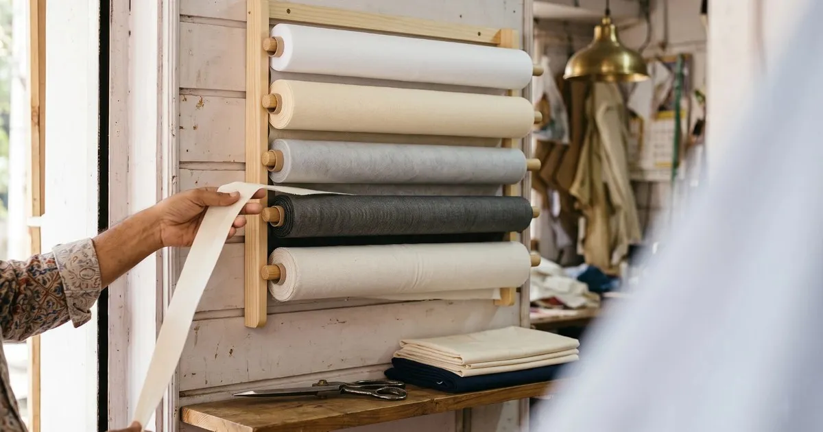 A rack of interfacing rolls in different weights and shades with a tailor's hand drawing a length off one roll