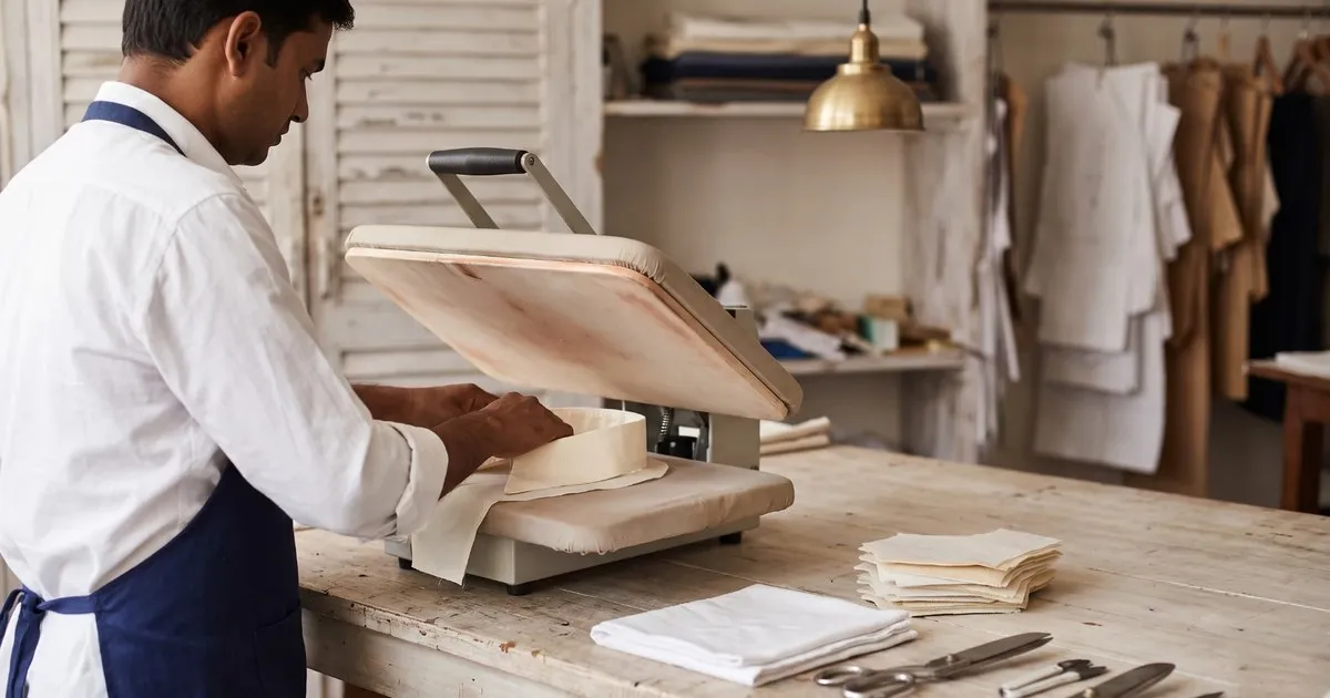 A tailor loading a cut collar piece with interfacing onto a flat fusing press