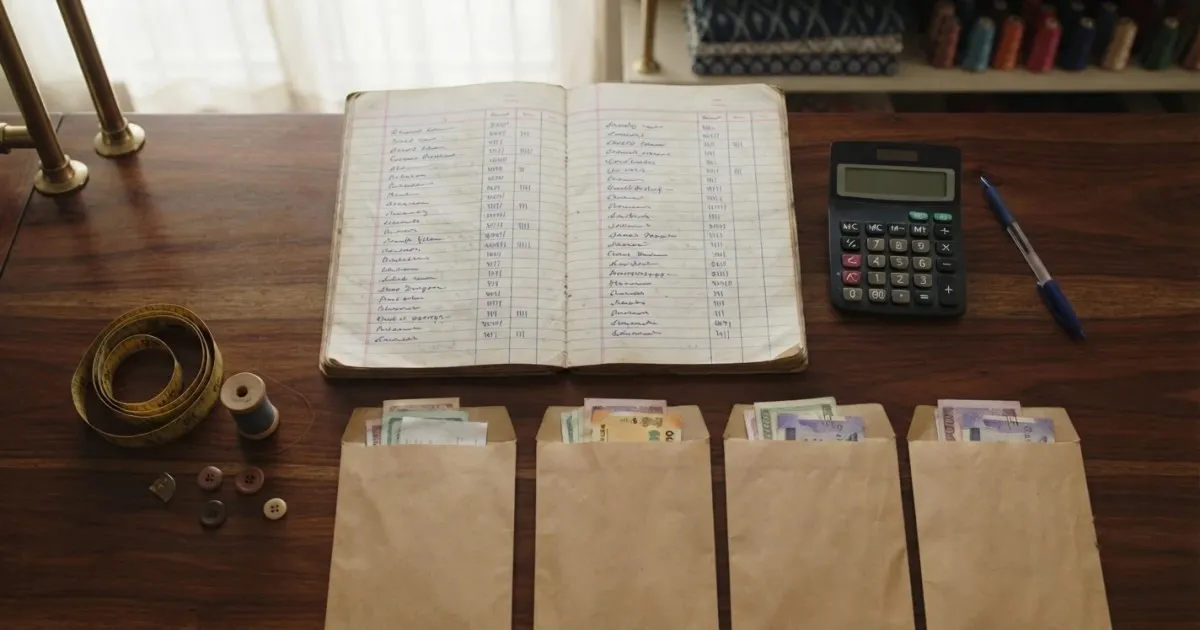 Shop money sorted into envelopes beside the accounts ledger and calculator