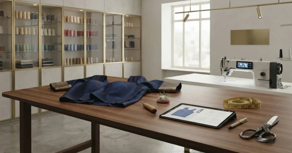 Silk blouse laid out on the cutting table and checked against its pattern on a tablet