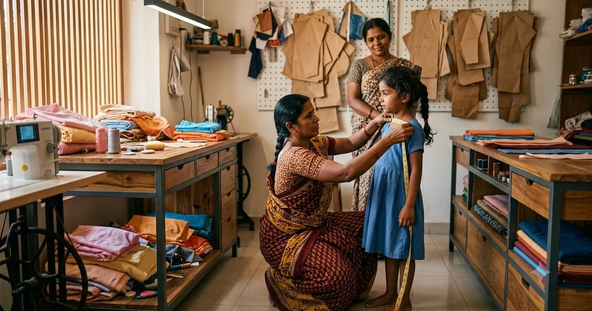 Tailor measuring a young girl for a frock with a soft measuring tape in a tailoring shop