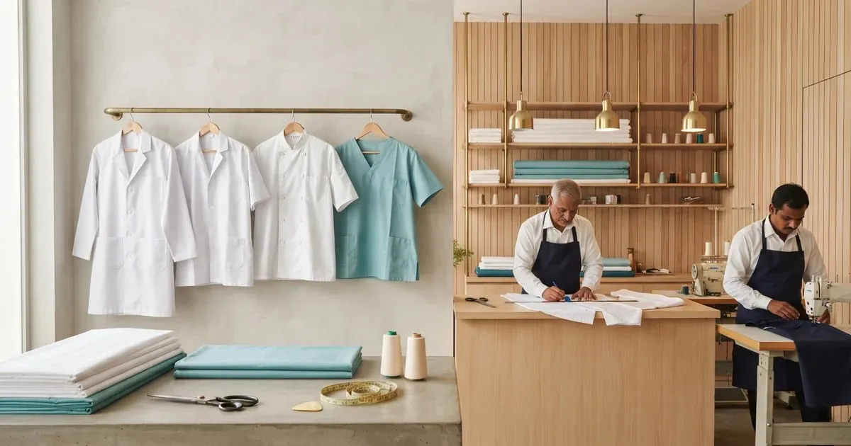 Lab coats, chef coat and OT top hanging in a tailoring workshop with white fabric, shears and a measuring tape on the cutting table
