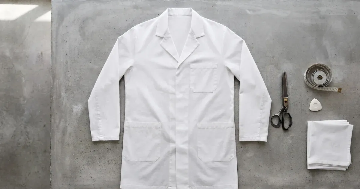 Lab coat laid flat on a cutting table with shears, a measuring tape and folded white fabric