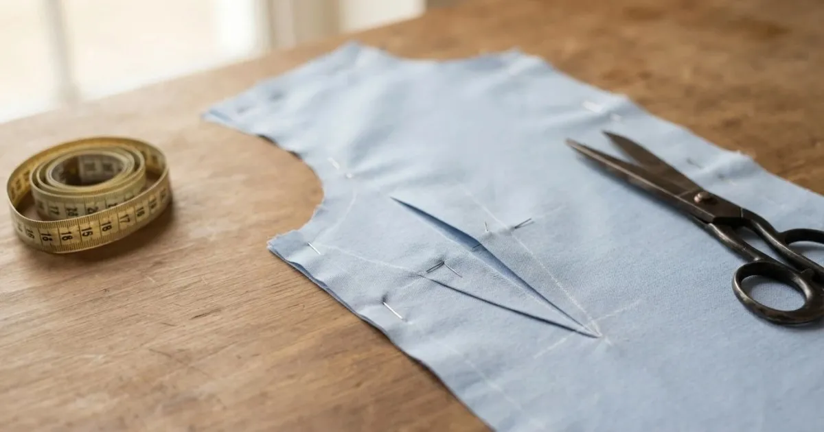 A powder blue shirt front pattern piece on a wooden cutting table with a chalk-marked triangular bust dart folded and pinned at the side seam, a measuring tape and tailoring scissors beside it