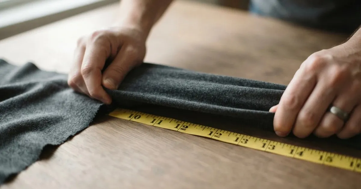 A tailor stretching a piece of charcoal grey knit fabric sideways against a yellow measuring tape lying flat on a wooden table, reading how far it extends