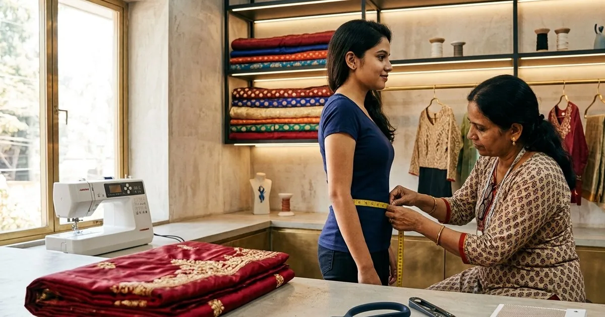 Boutique tailor measuring a customer at the waist for a lehenga with heavy embroidered fabric on the table