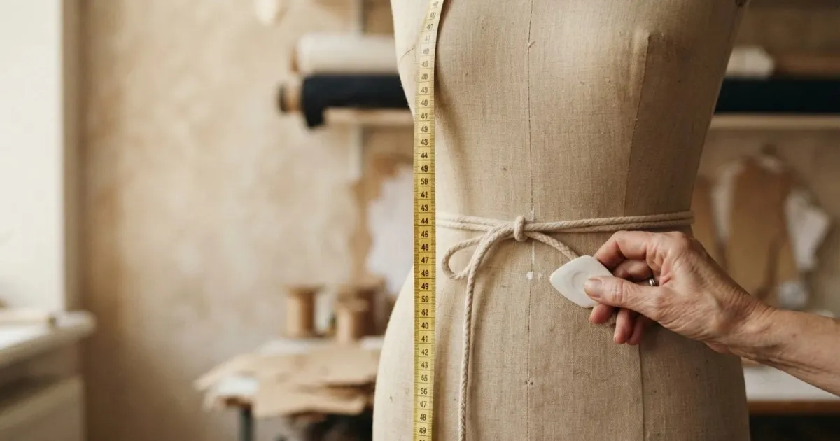 A soft cord tied round the waist of a dress form with a tailor marking the position in chalk, and a measuring tape hanging from the shoulder down the front