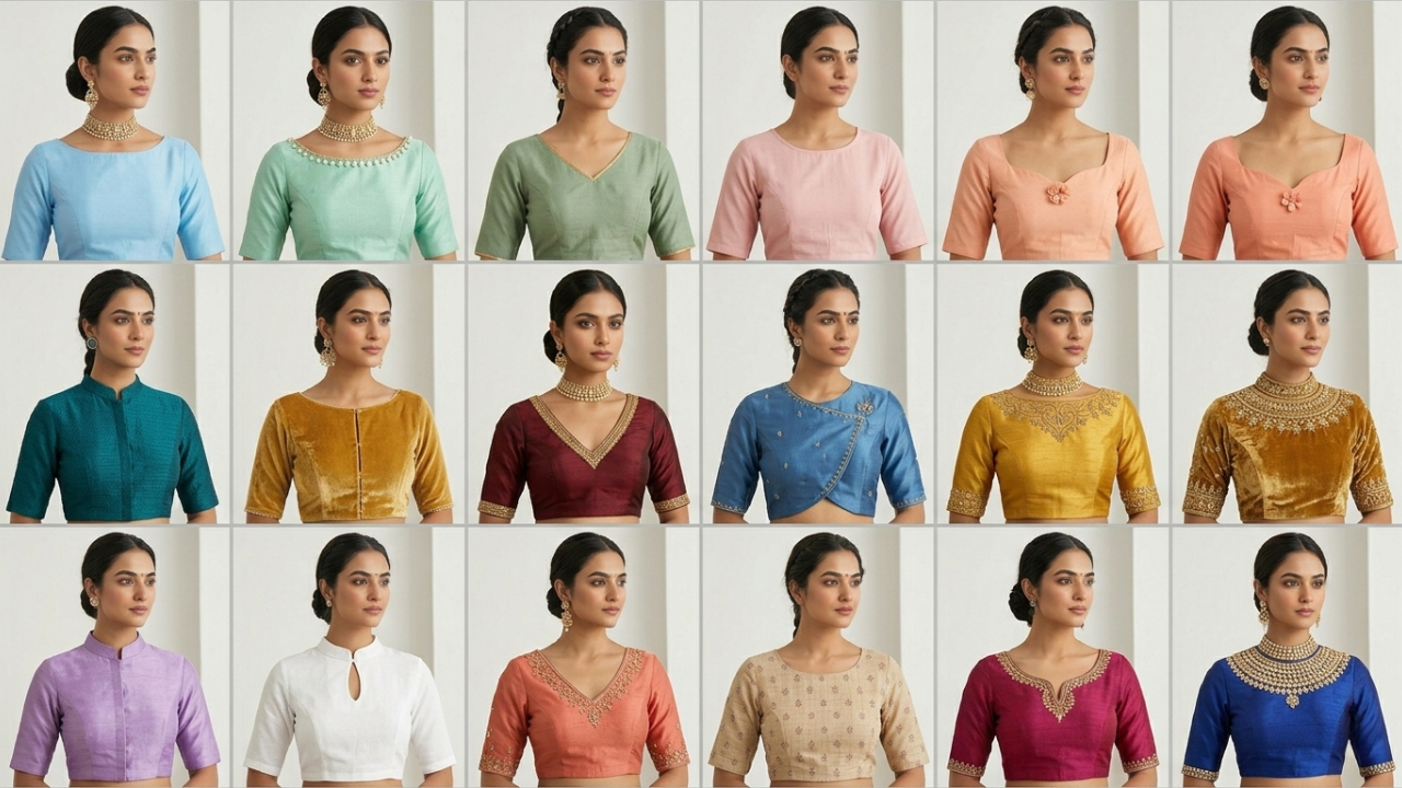 Grid of 15 boat neck blouse designs for 2026 by Fashion Dot