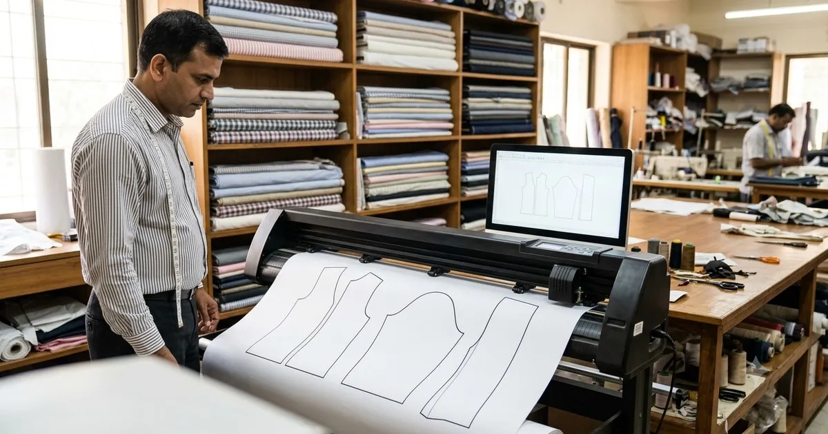 CAD pattern printer and plotter printing full size garment patterns on roll paper in a tailoring workshop