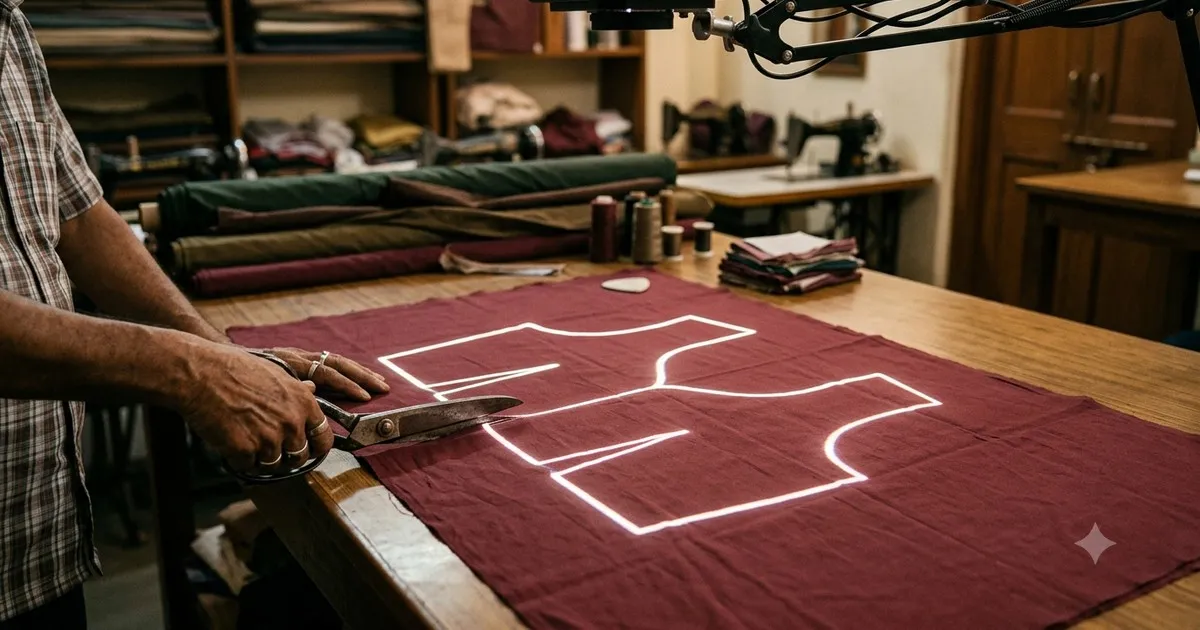 Blouse cutting projector throwing a pattern outline of light directly onto fabric on the cutting table