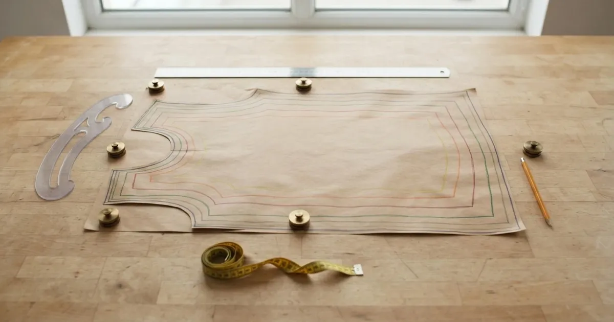 A front pattern graded into nested sizes, each size drawn in a different colour, on a cutting table