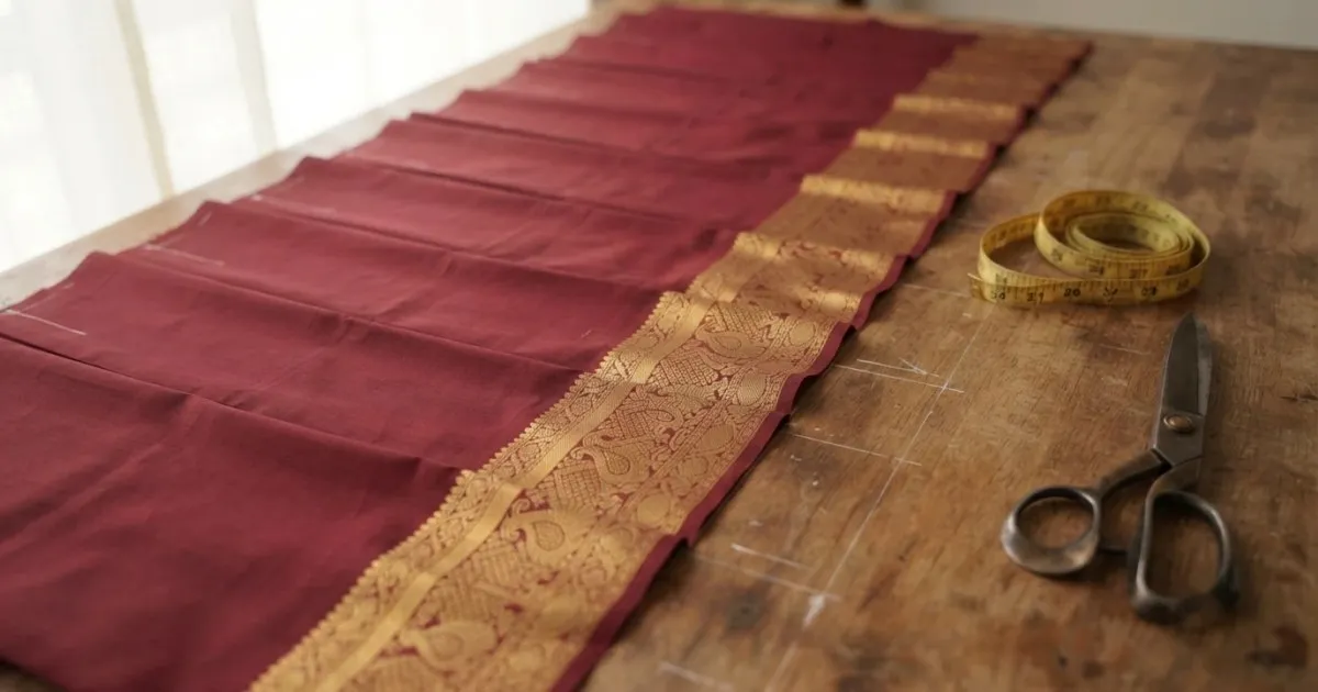 Maroon silk pavadai kali panels laid side by side on a wooden cutting table with the gold zari border lined up across every panel, a measuring tape and tailoring scissors beside them