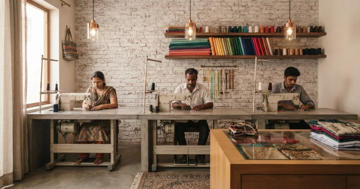 Tailors stitching garments at a row of sewing machines in an Indian tailoring workshop
