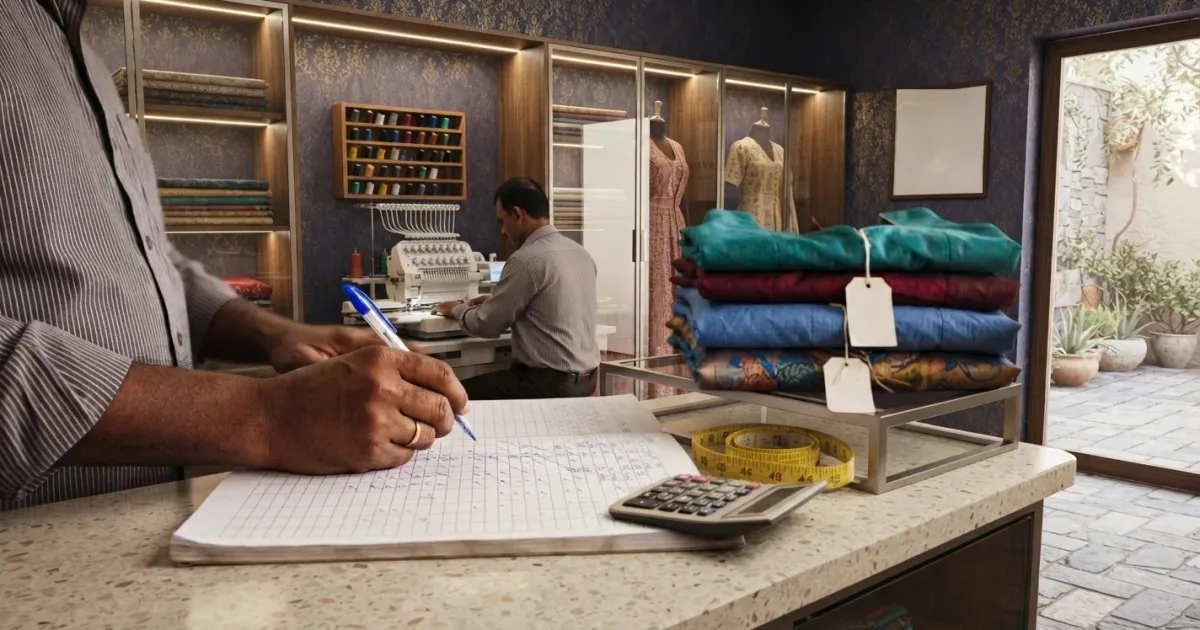 Shop owner recording finished pieces in the tailors' work register