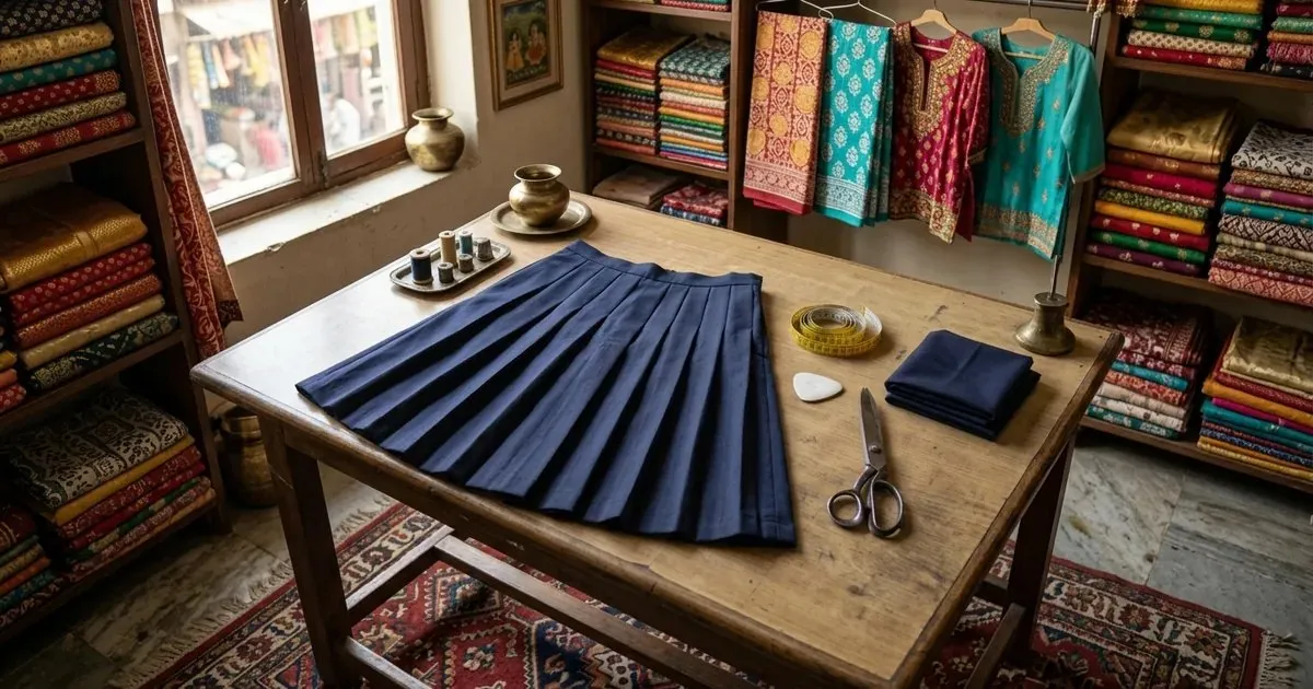 A navy pleated school skirt with crisp knife pleats laid flat on a tailoring table, with a measuring tape, chalk and shears beside it
