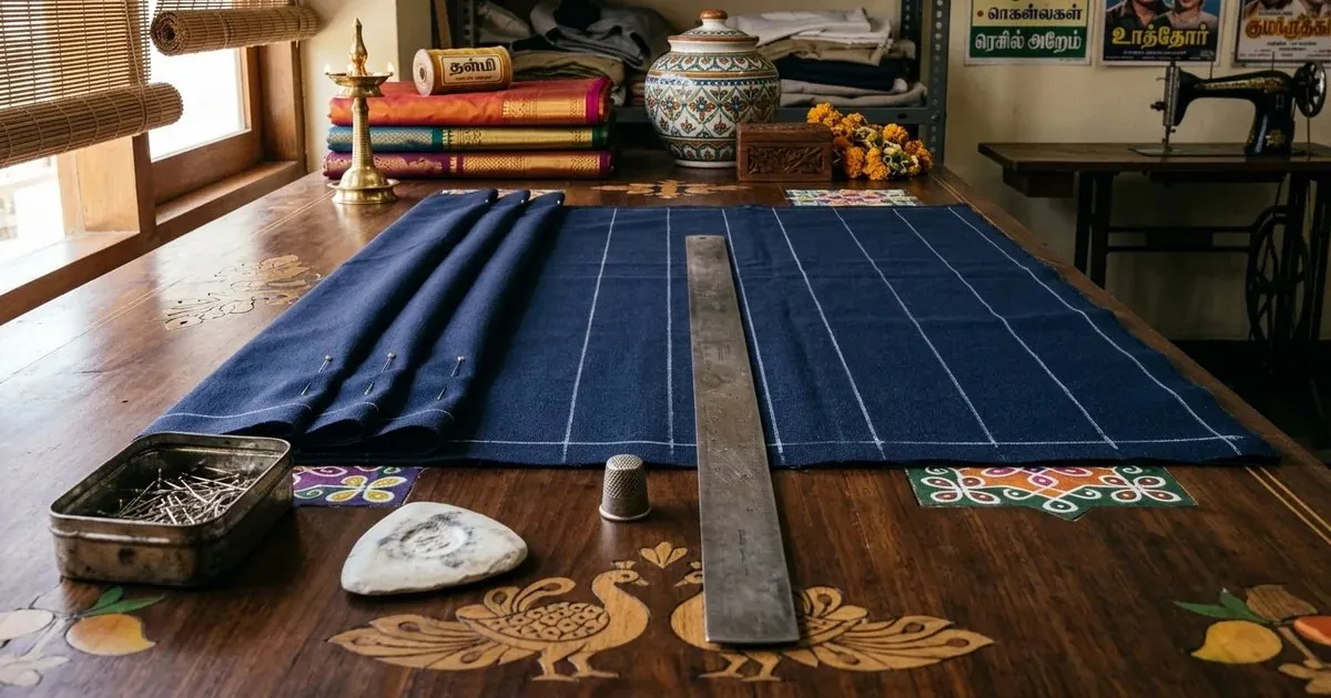 Navy cloth on a cutting table with chalk lines marking each pleat, three pleats folded and pinned, and a steel ruler beside them