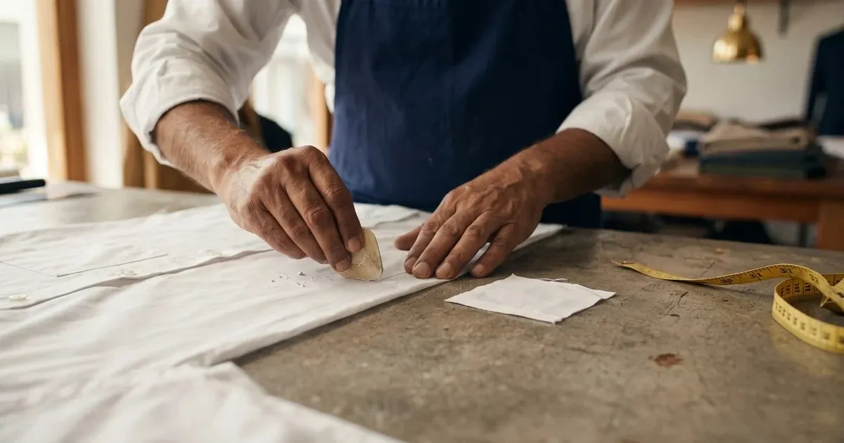 A tailor chalking a pocket position on a shirt front, with a cut pocket piece and a measuring tape on the cutting table