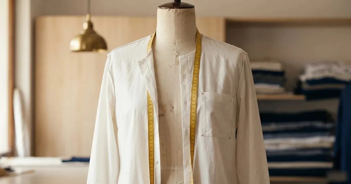 A half-made shirt on a dress form with a patch pocket pinned on the chest and a measuring tape over the shoulder