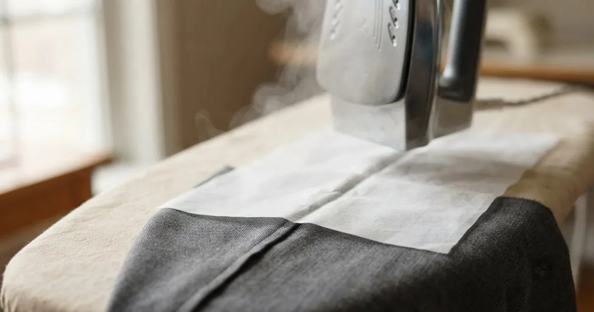 A steam iron lifted above a seam on charcoal wool with a white cotton press cloth laid between the iron and the fabric on a padded pressing board