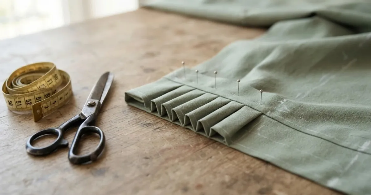 Deep fabric pleats folded and pinned into the waistband of a sage green salwar on a wooden cutting table, with a measuring tape and tailoring scissors beside them