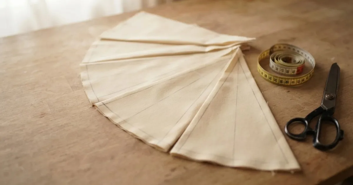 Triangular kali panels for an umbrella saree petticoat laid out in a fan on a wooden cutting table with chalk lines, a measuring tape and tailoring scissors