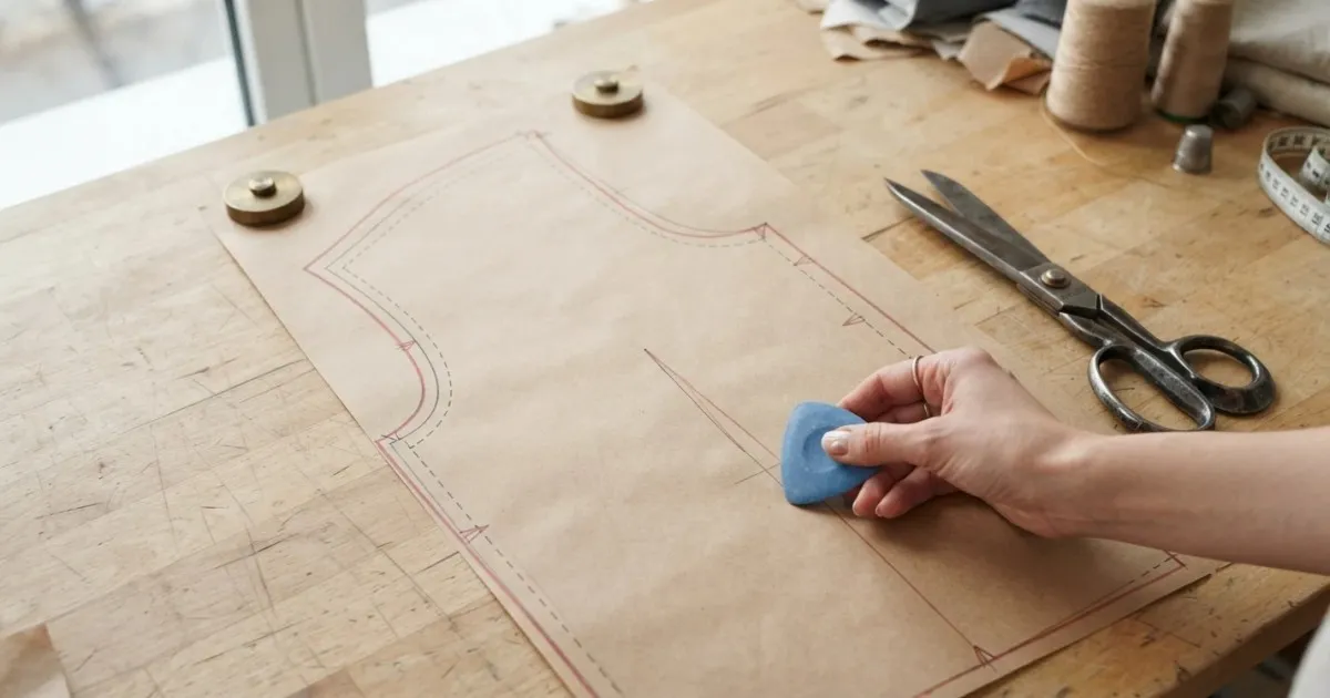 Blouse pattern with the dashed stitching line and the red cutting line drawn parallel, marked with chalk