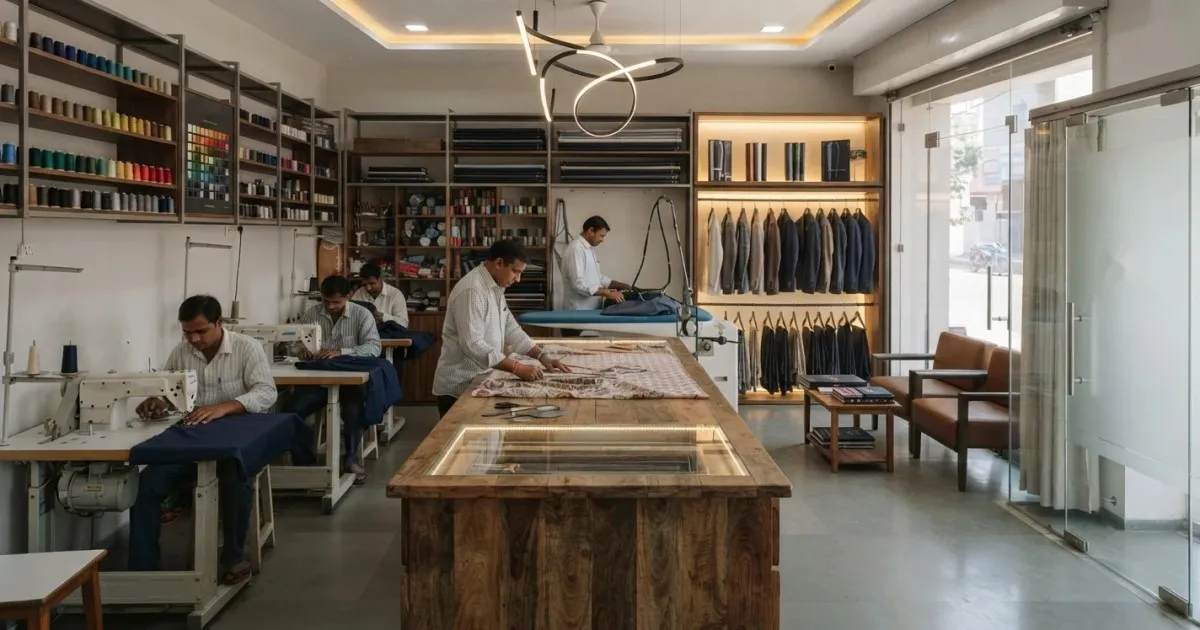 A tailoring shop arranged in work order, with machines, cutting table, pressing area, ready rack and a waiting area by the entrance