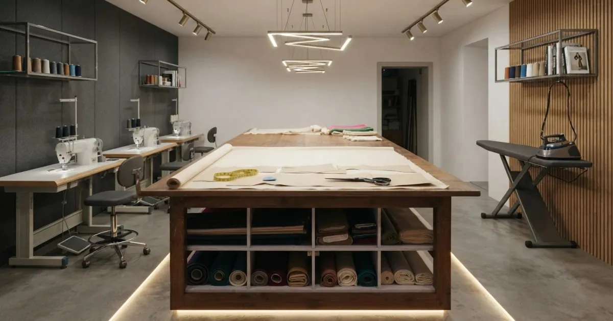 Cutting table with overhead lighting and fabric storage underneath, with space to walk around all sides
