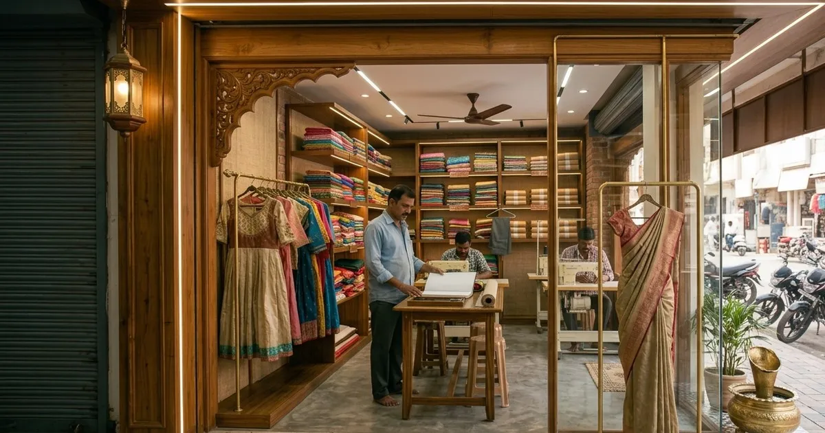 Owner of a tailoring shop in Coimbatore standing at the cutting table with his order book while tailors work behind him