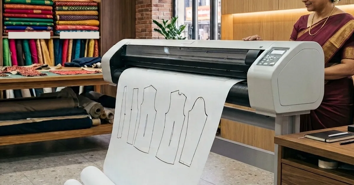 Wide-format plotter printing a full-size garment pattern on paper in a tailoring workroom