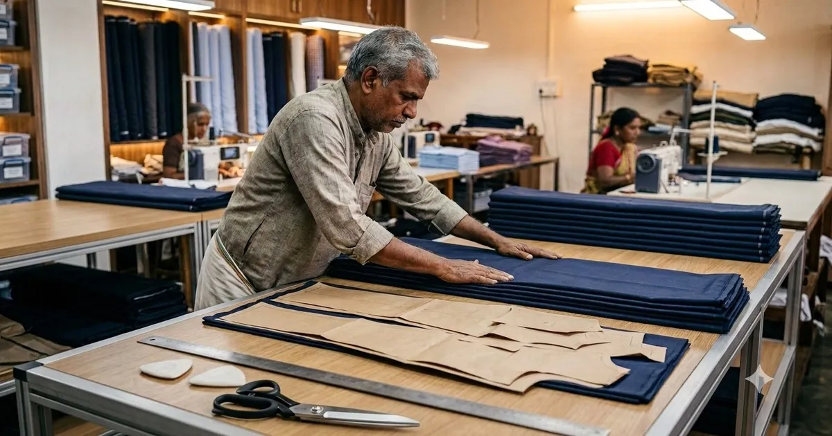 Tailor laying out uniform fabric in layers on a large cutting table for a bulk order